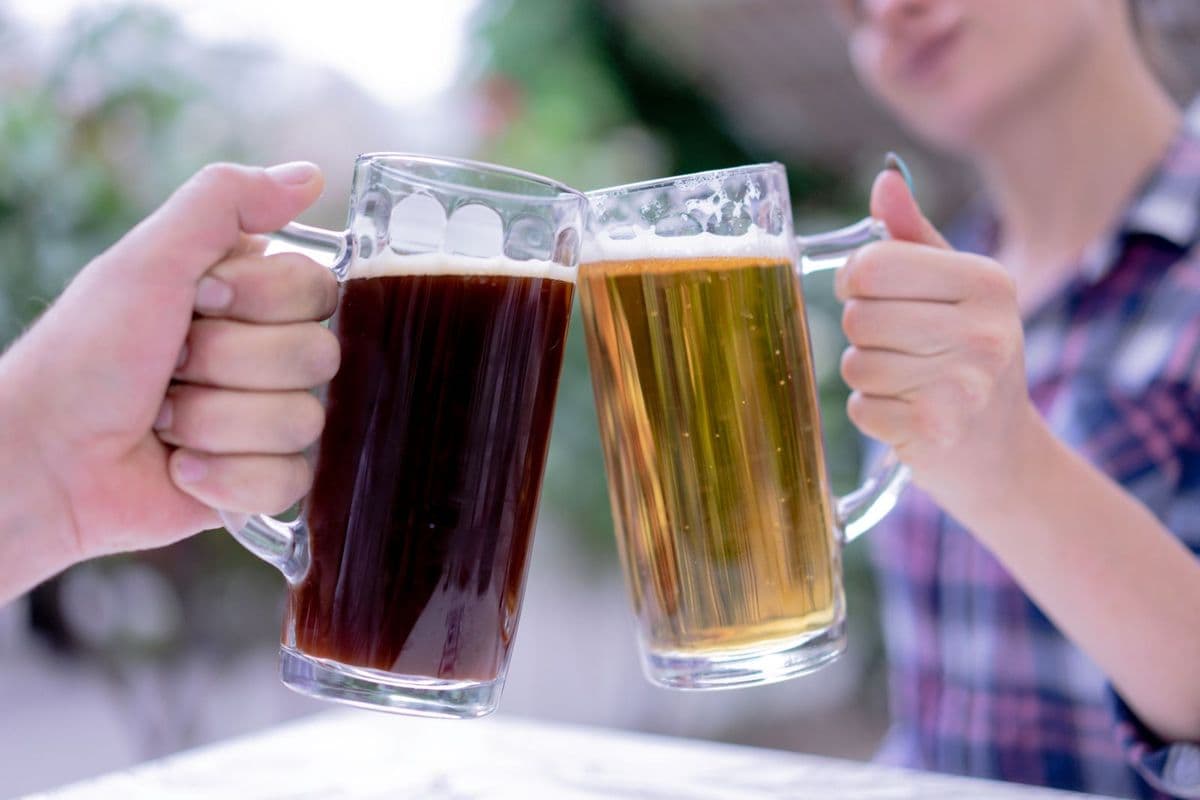 Friends clinking glasses of dark and light beer