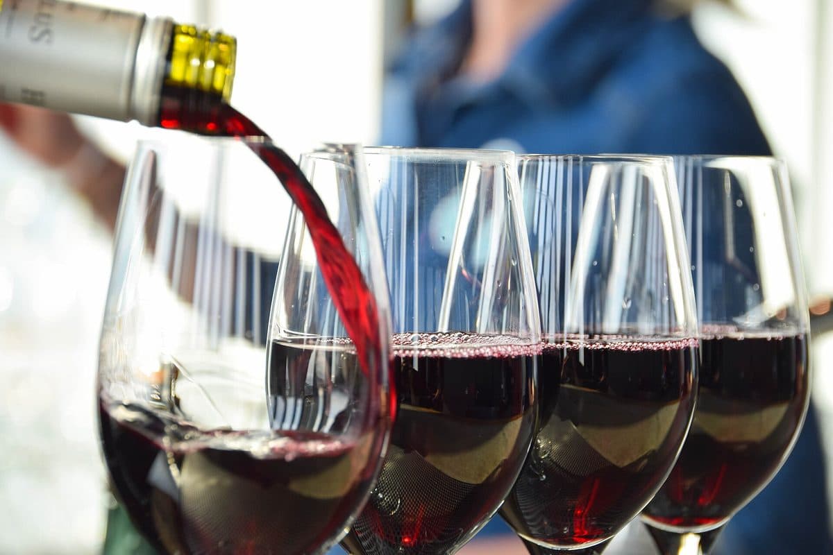 Rows of wine glasses lined up on a bar
