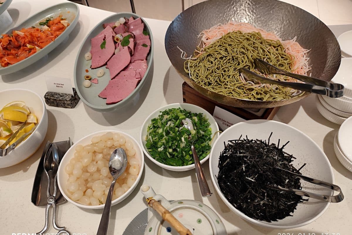 Dishes laid out on a buffet lunch counter