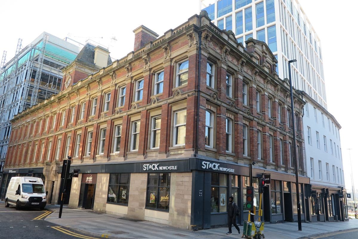 The STACK sign on the Worswick Chambers building at the corner of Pilgrim Street in Newcastle