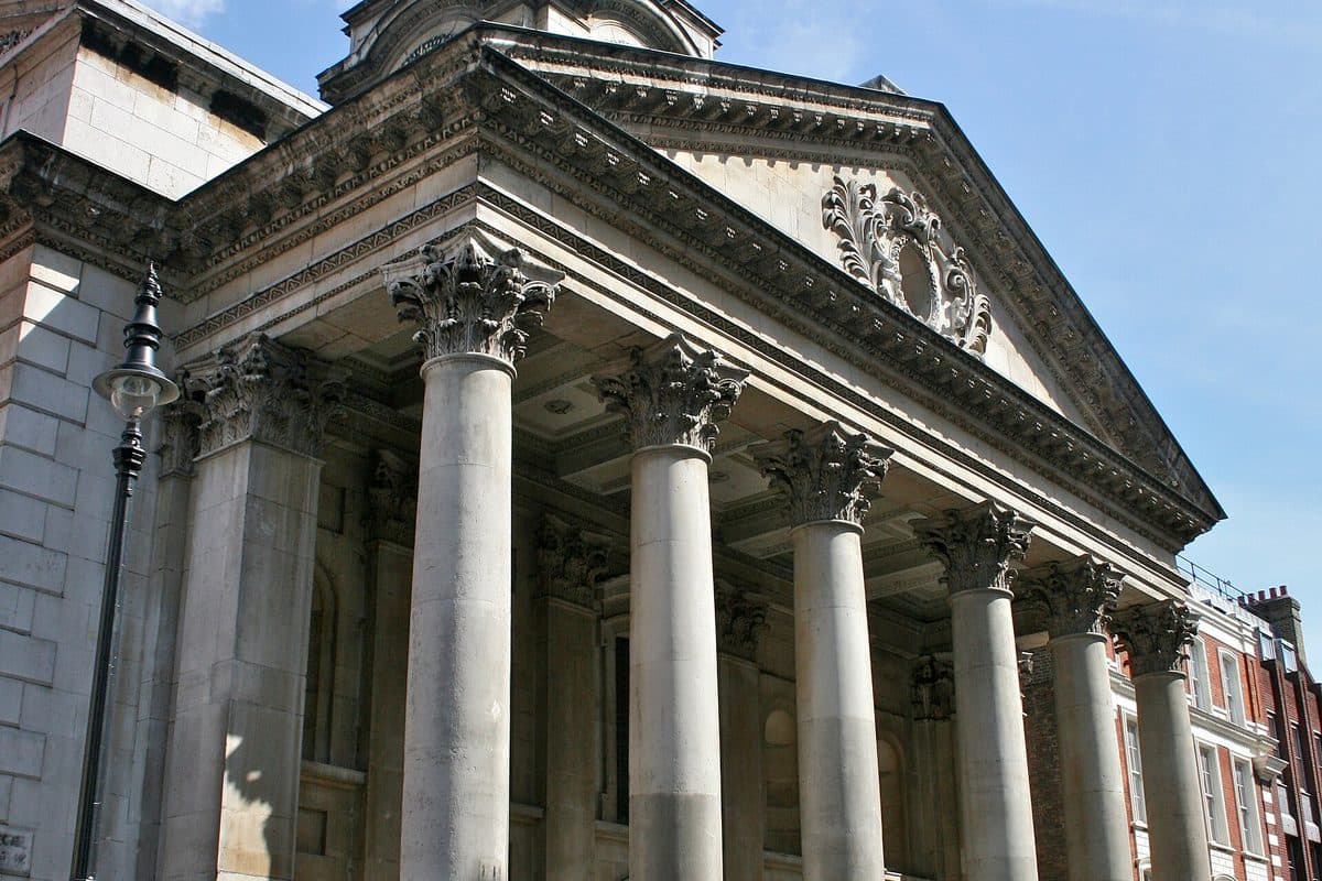 The portico of St George's Church on Hanover Square in Mayfair, London