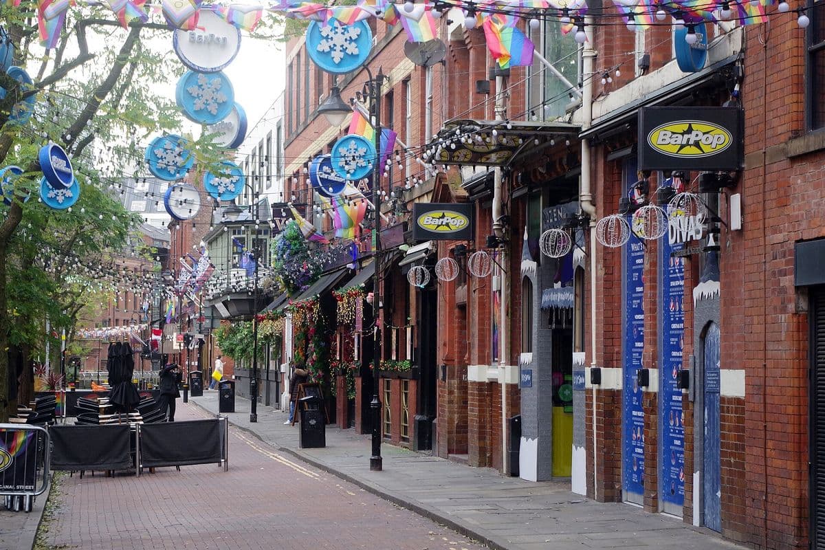 Canal Street in Manchester with bars lining the canal
