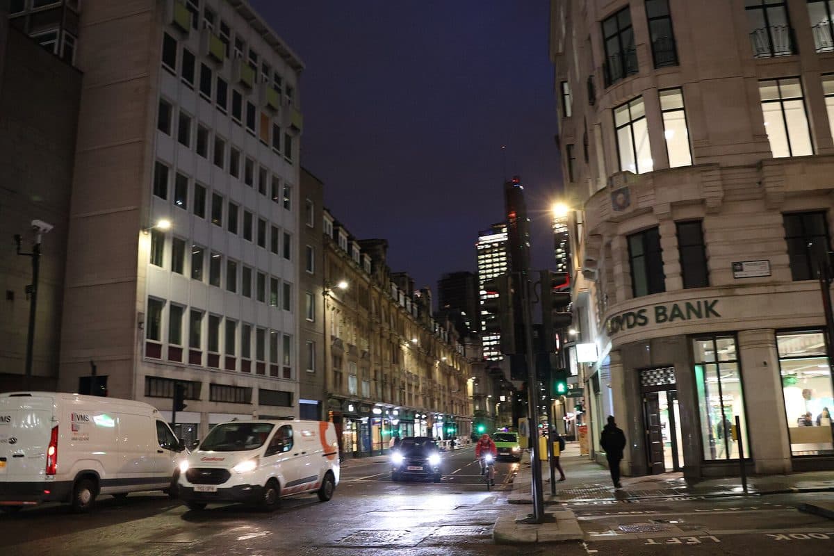 London Wall in the City of London, with office blocks lining the street