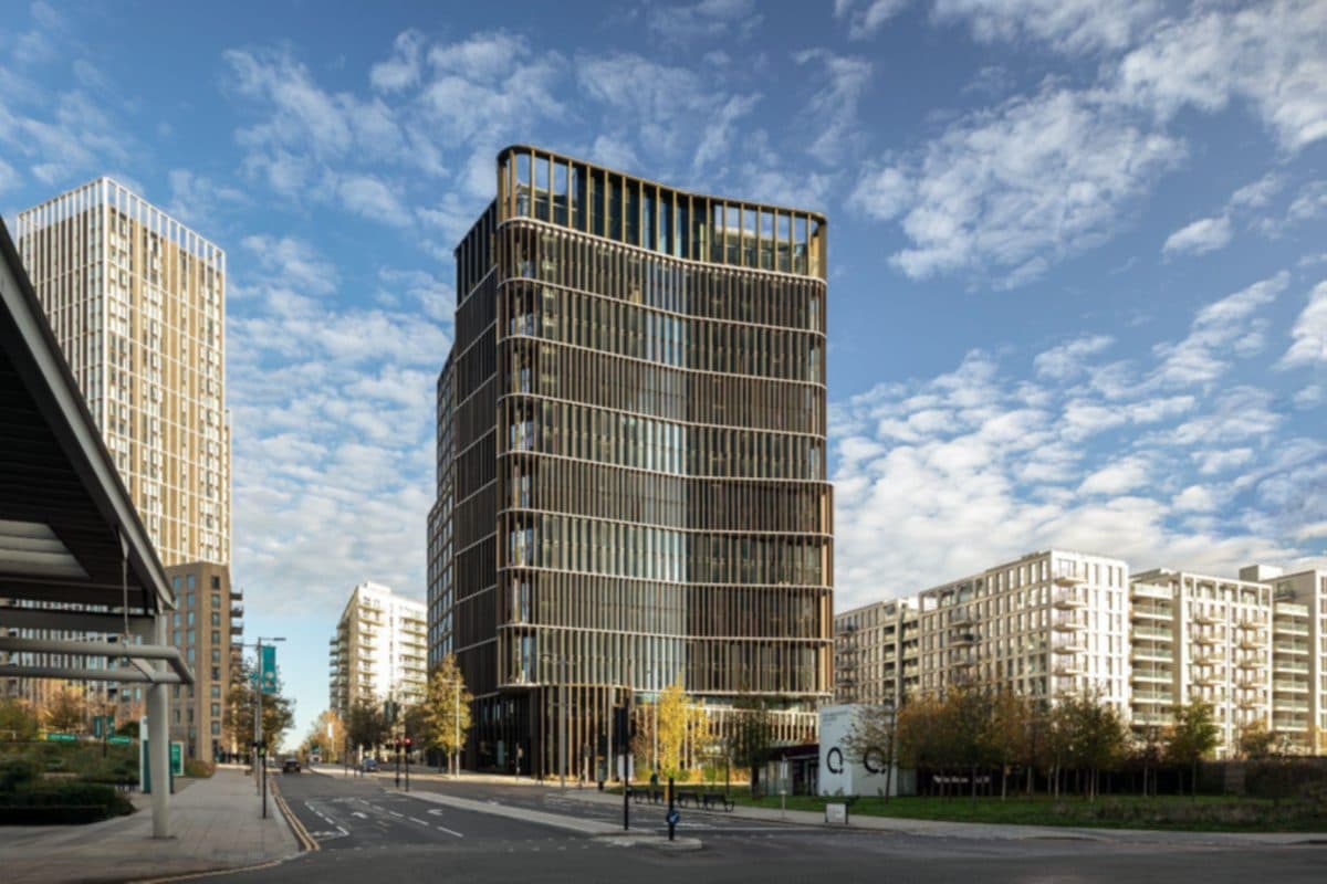 The Gantry hotel tower in Stratford, east London, against a blue sky