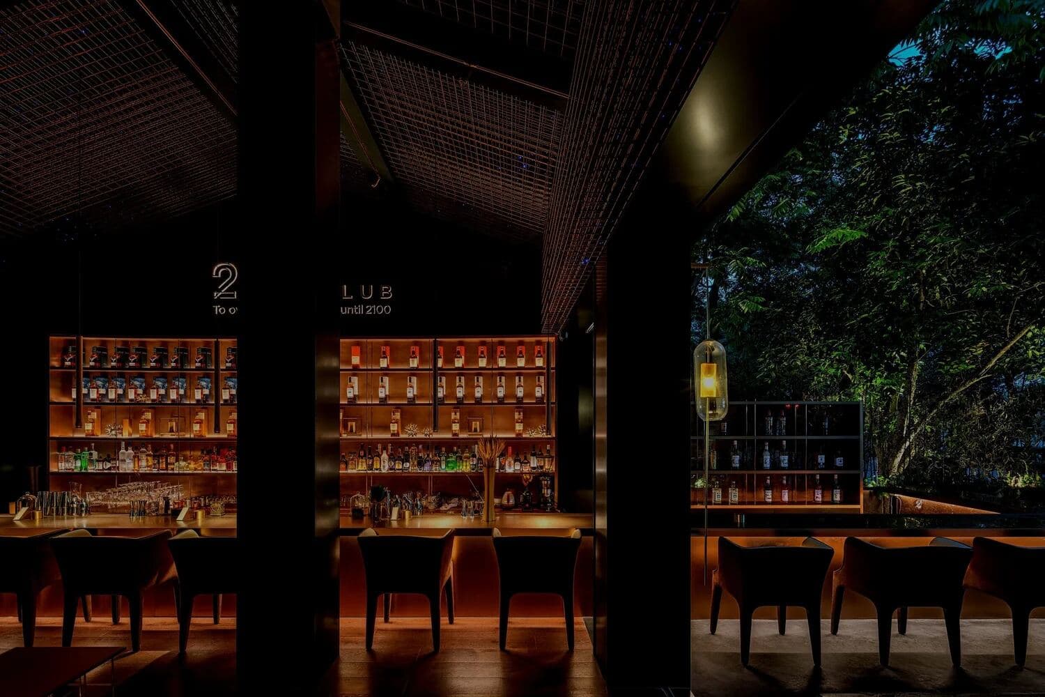 Moody cocktail bar interior with a lit back bar and plants