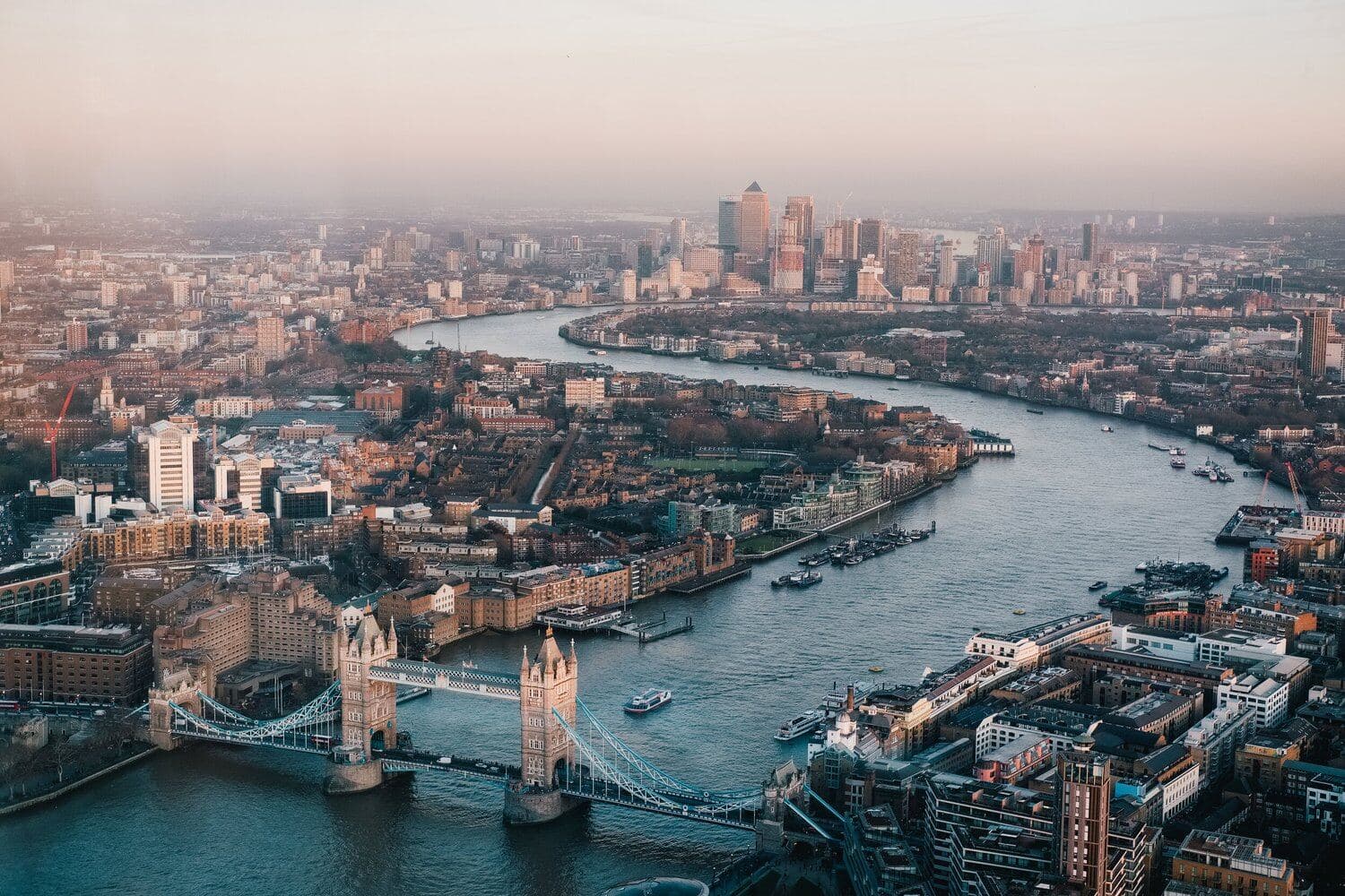 Aerial view of the Thames and Tower Bridge, London