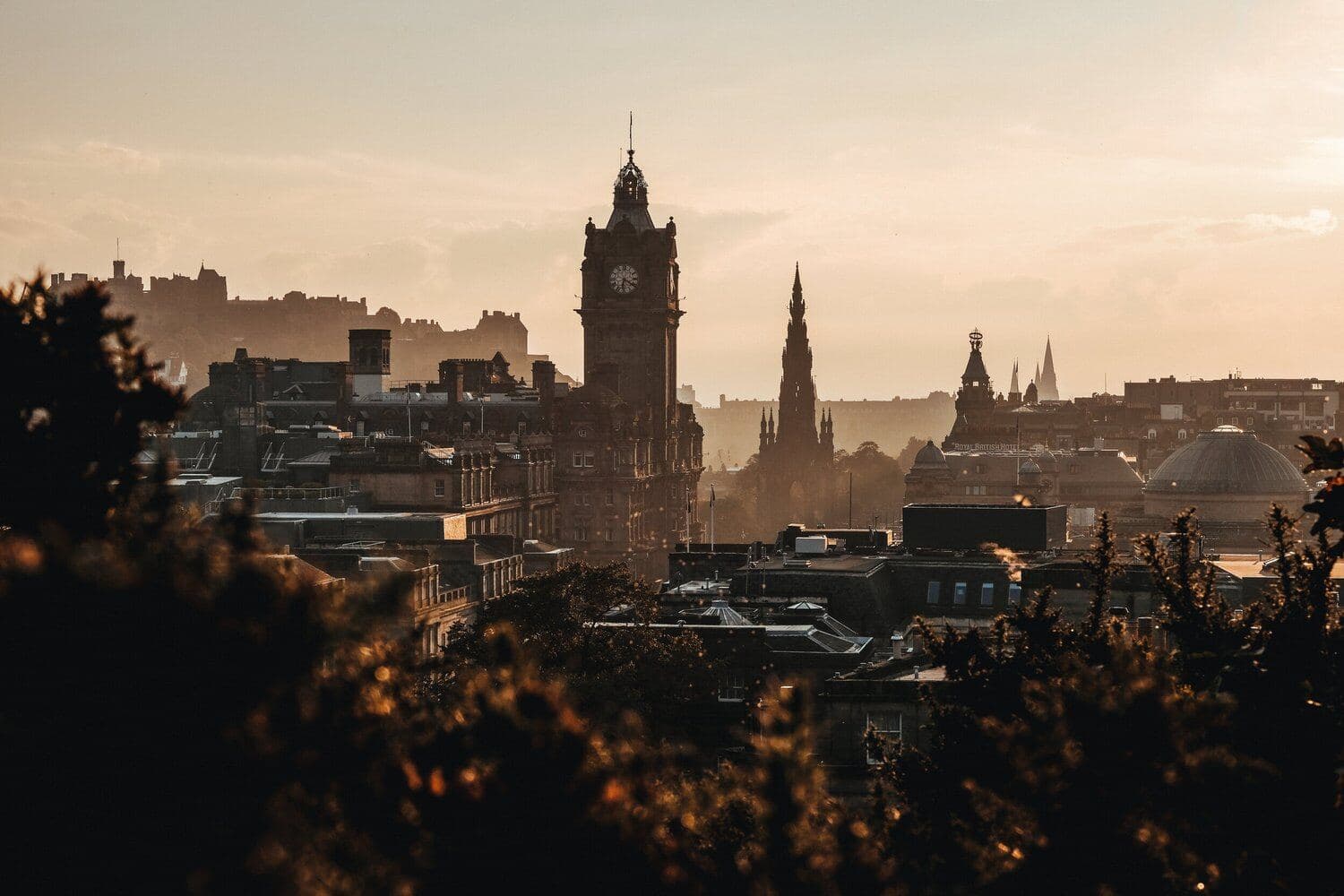 Edinburgh skyline with church spires at sunset