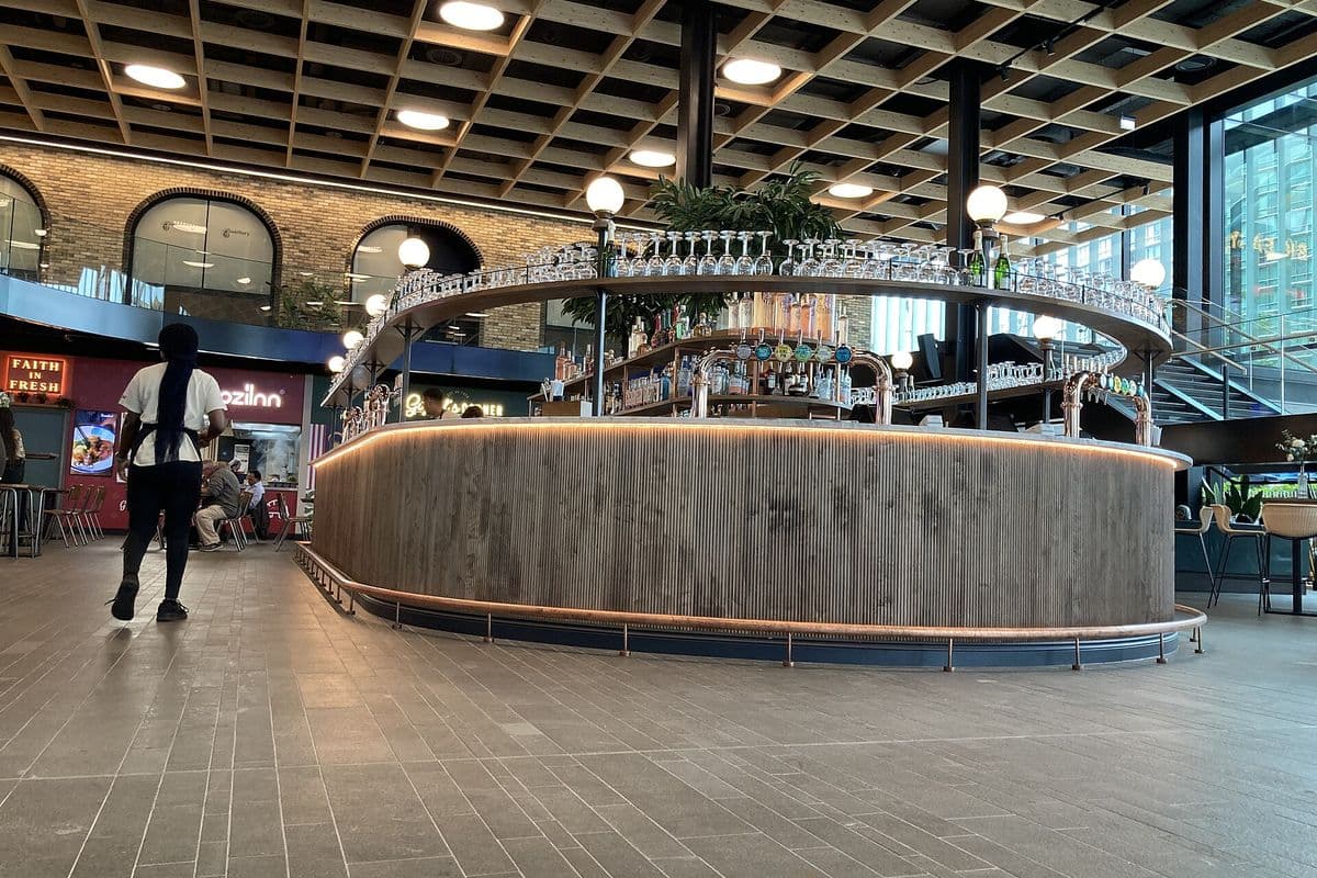 The central bar inside Market Halls on North Colonnade, Canary Wharf