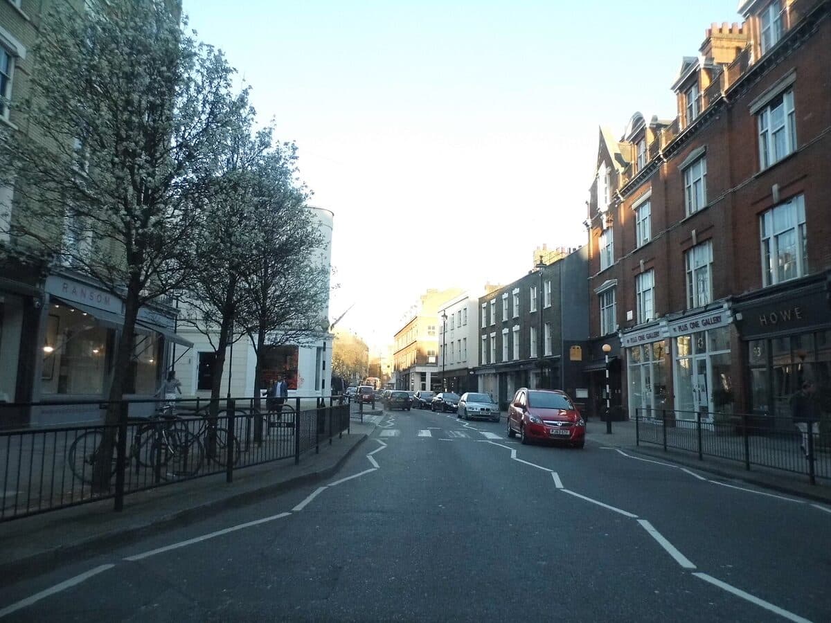 Shopfronts and trees along Pimlico Road in Belgravia