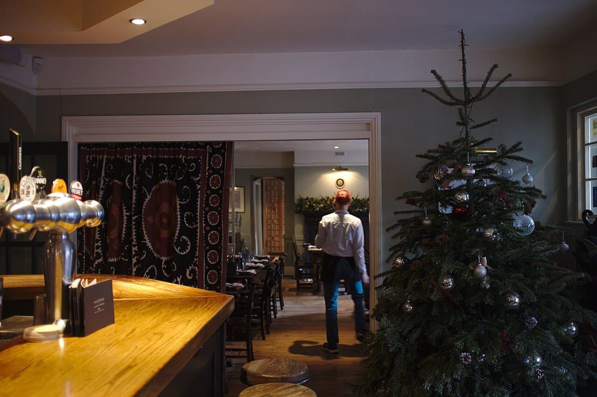 A pub decorated with Christmas lights and a tree