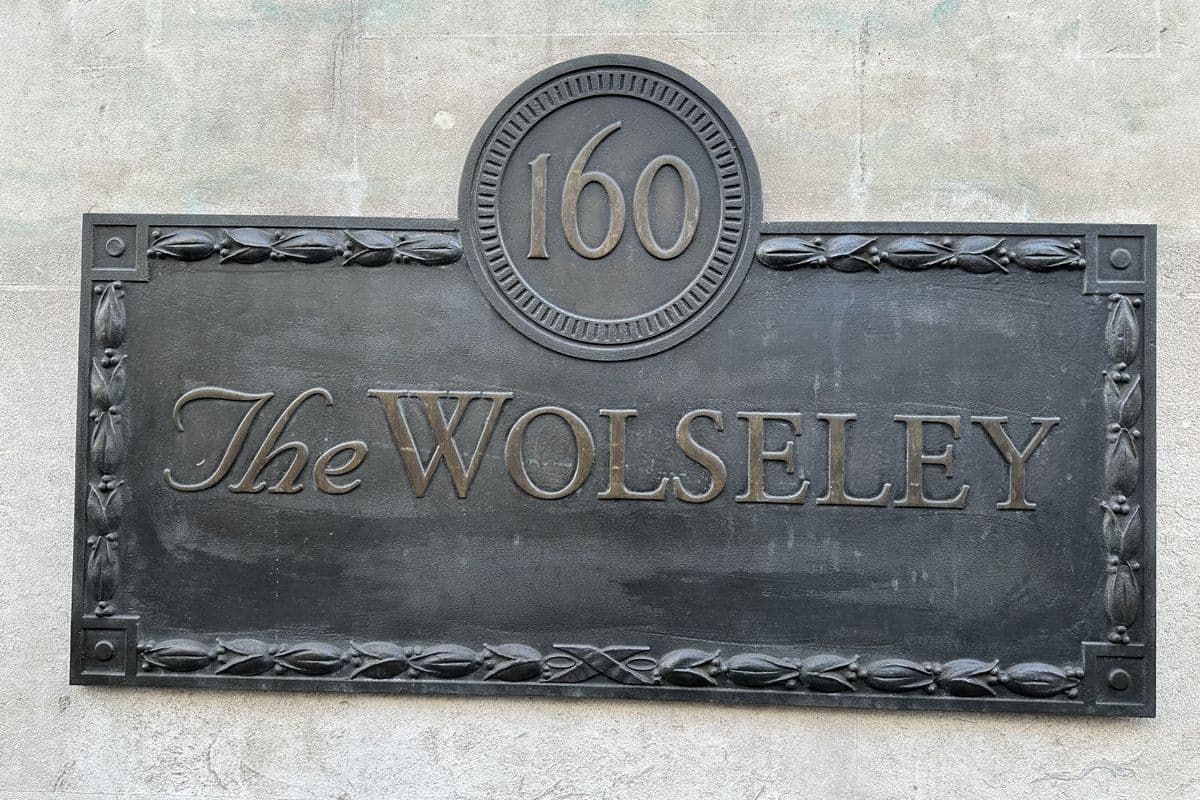 The bronze plaque for The Wolseley at 160 Piccadilly, London