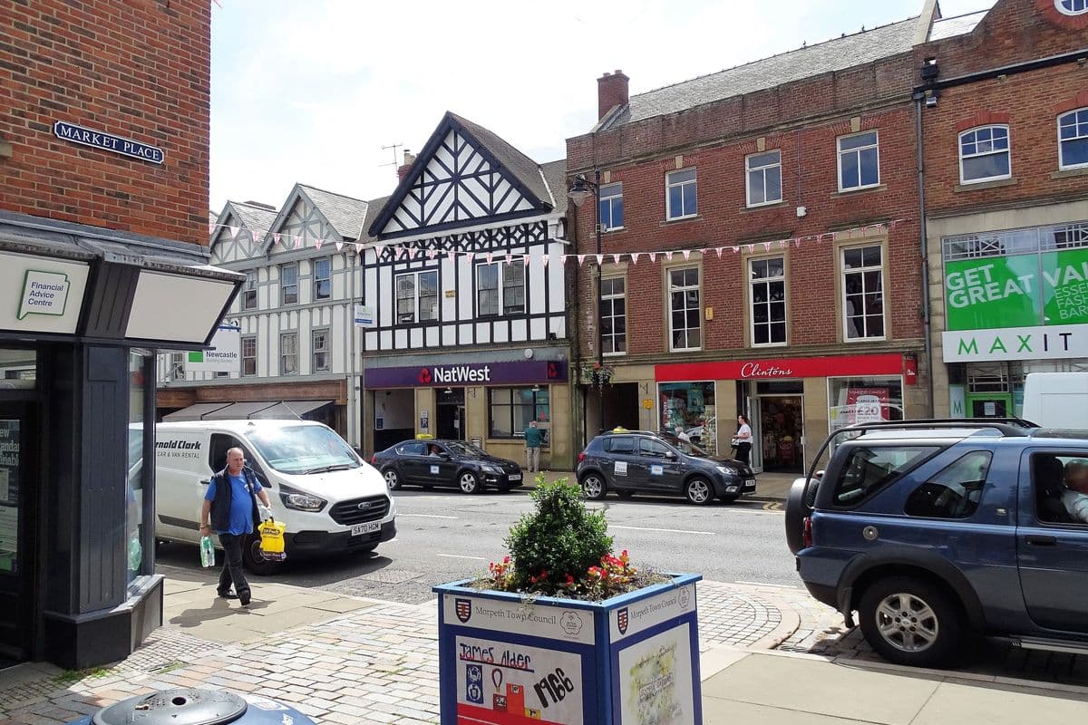 Shops and old buildings on Bridge Street, Morpeth
