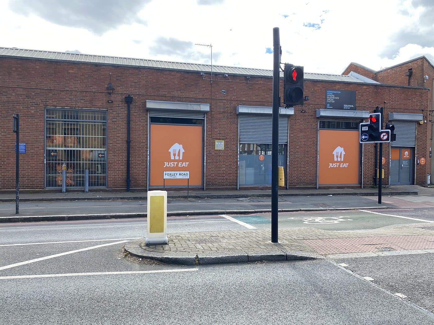 A Just Eat delivery hub with branded signage near the Oval in south London